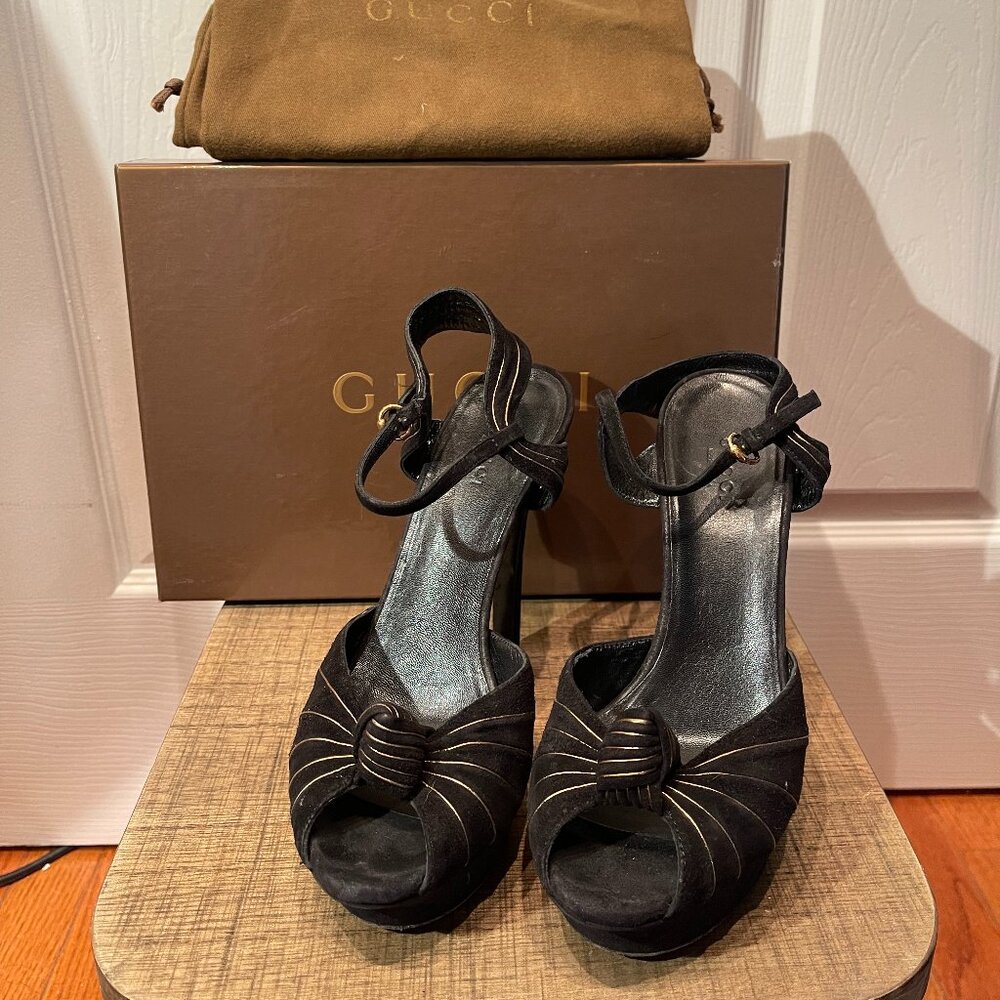 Gucci platform heels sand pelle cuoio nero oro black 6.5